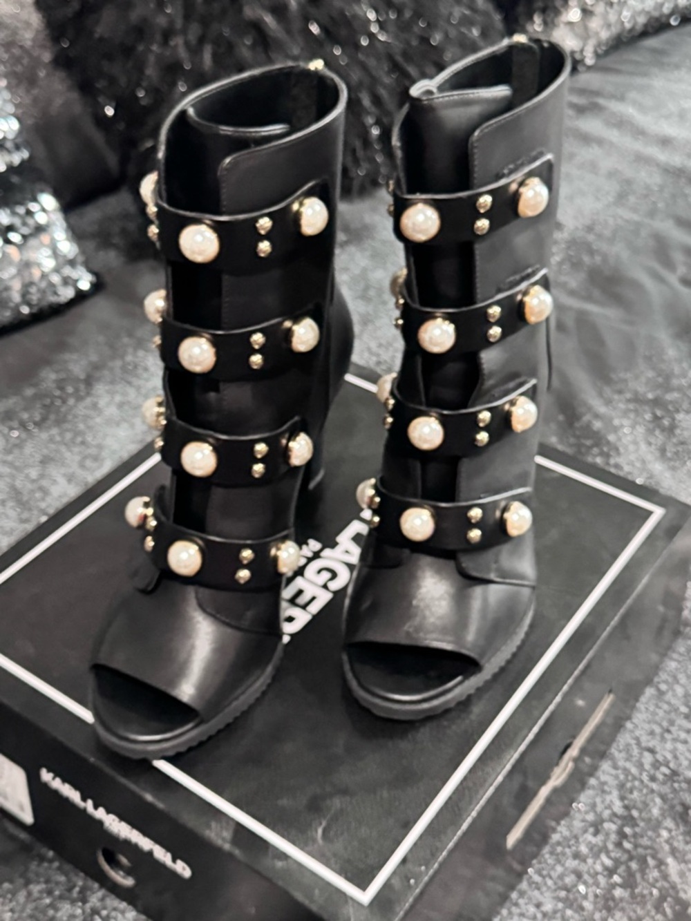 Karl Lagerfeld Black Pearl-Embellished Strappy Peep-Toe Heeled Boots